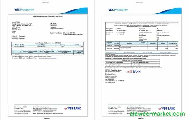India Yes Bank account statement Word and PDF template, 2 pages